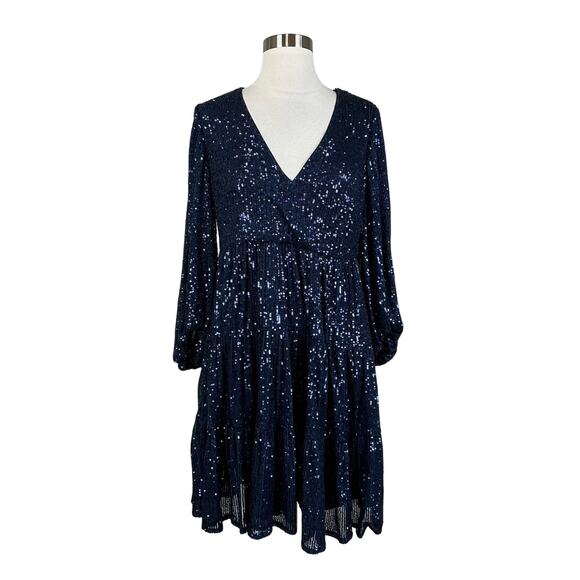 Eliza J Women's Cocktail Dress Size 8 Blue Sequined Long Sleeve A-Line Mini - Picture 1 of 14